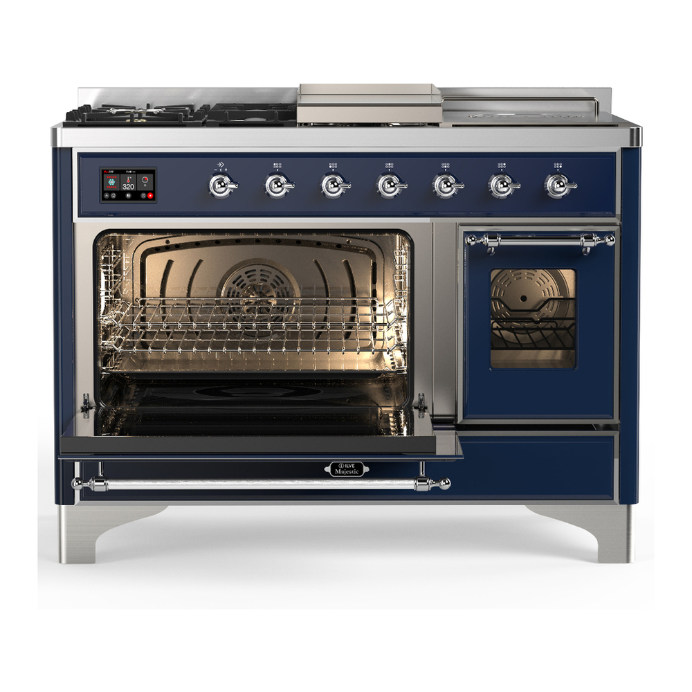 ILVE UM48FSNR3MBCLP Majestic III 48 inch Dual Fuel Range with 5 Black Brass Burners, Griddle and French Top, Dual Function Burner up to 25,000 BTU (Liquid Propane, Triple Glass Door, Midnight Blue, Chrome) 3 ILVE-UM48FSNR3MBCLP-Primary Oven Open View