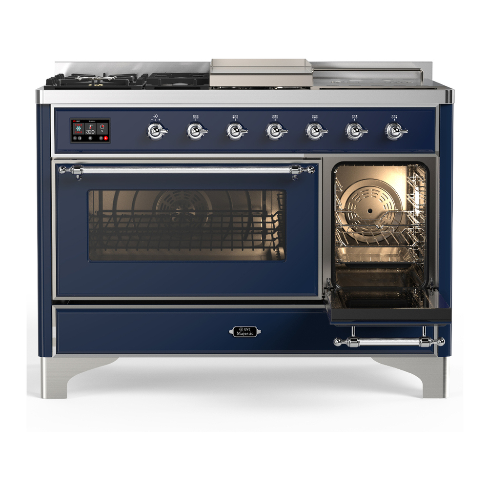 ILVE UM48FSNR3MBCLP Majestic III 48 inch Dual Fuel Range with 5 Black Brass Burners, Griddle and French Top, Dual Function Burner up to 25,000 BTU (Liquid Propane, Triple Glass Door, Midnight Blue, Chrome) 4 ILVE-UM48FSNR3MBCLP-Secondary Oven Open View