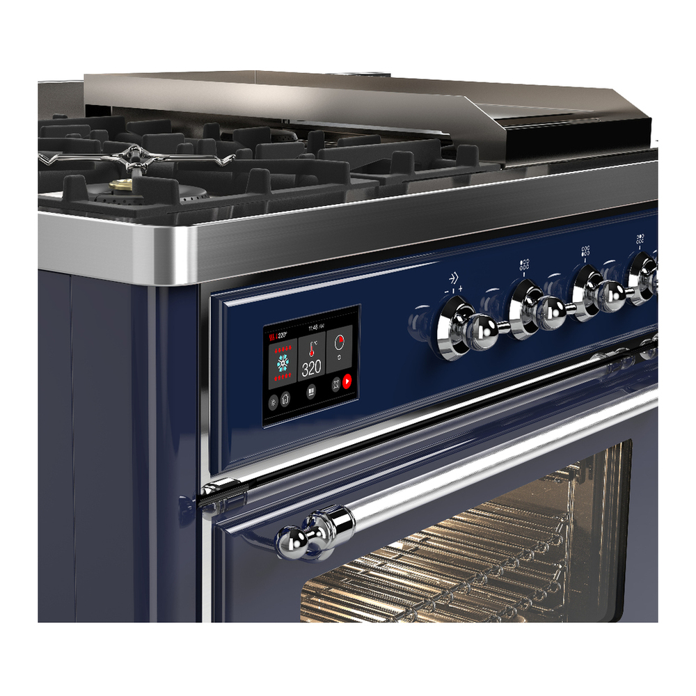 ILVE UM48FSNR3MBCLP Majestic III 48 inch Dual Fuel Range with 5 Black Brass Burners, Griddle and French Top, Dual Function Burner up to 25,000 BTU (Liquid Propane, Triple Glass Door, Midnight Blue, Chrome) 6 ILVE-UM48FSNR3MBCLP-Control Knobs View