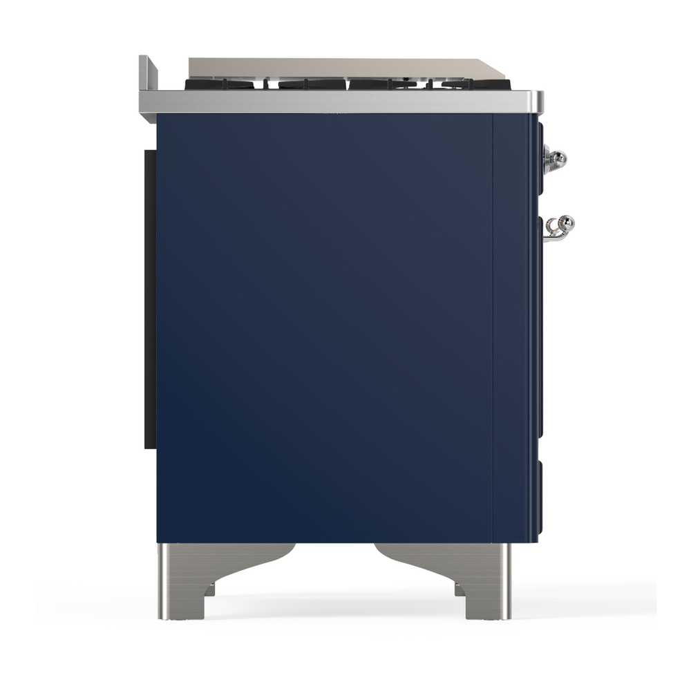 ILVE UM48FSNR3MBCLP Majestic III 48 inch Dual Fuel Range with 5 Black Brass Burners, Griddle and French Top, Dual Function Burner up to 25,000 BTU (Liquid Propane, Triple Glass Door, Midnight Blue, Chrome) 7 ILVE-UM48FSNR3MBCLP-Right Side View