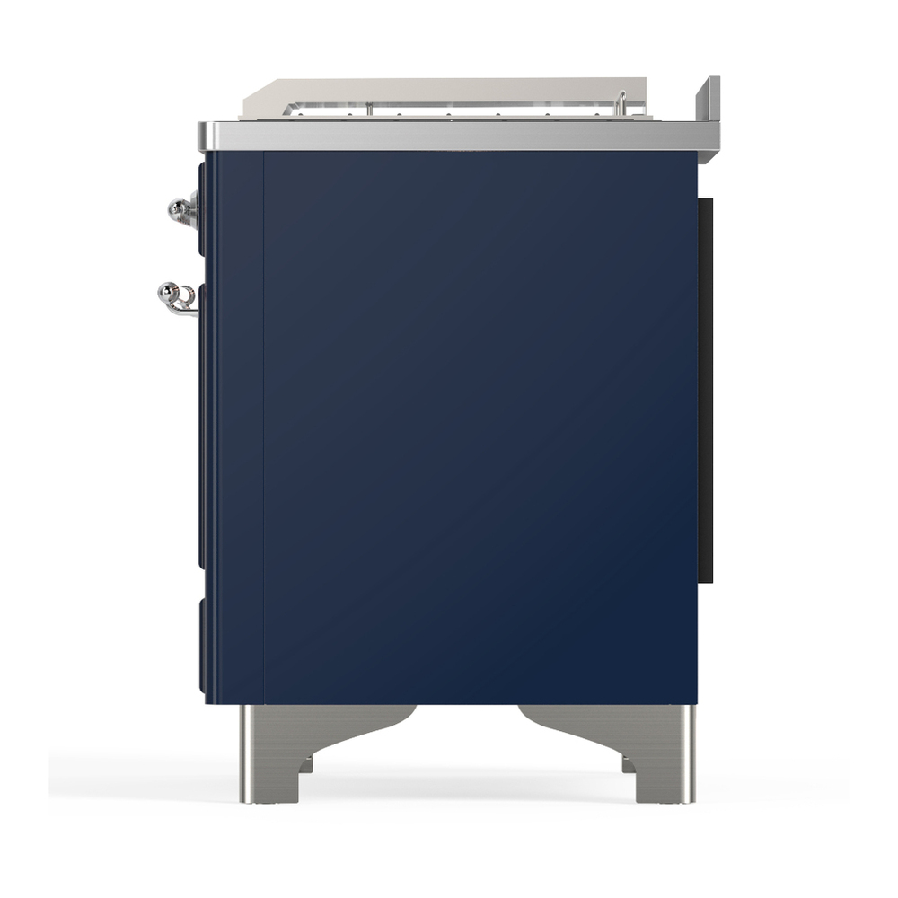 ILVE UM48FSNR3MBCLP Majestic III 48 inch Dual Fuel Range with 5 Black Brass Burners, Griddle and French Top, Dual Function Burner up to 25,000 BTU (Liquid Propane, Triple Glass Door, Midnight Blue, Chrome) 8 ILVE-UM48FSNR3MBCLP-Left Side View