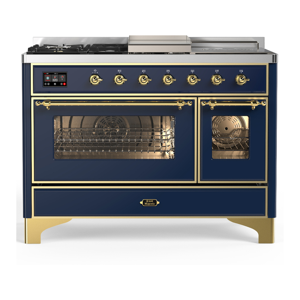 ILVE UM48FSNR3MBGLP Majestic III 48 inch Dual Fuel Range with 5 Black Brass Burners, Griddle and French Top, Dual Function Burner up to 25,000 BTU (Liquid Propane, Triple Glass Door, Midnight Blue, Brass) 1 UM48FSNR3MBGLP