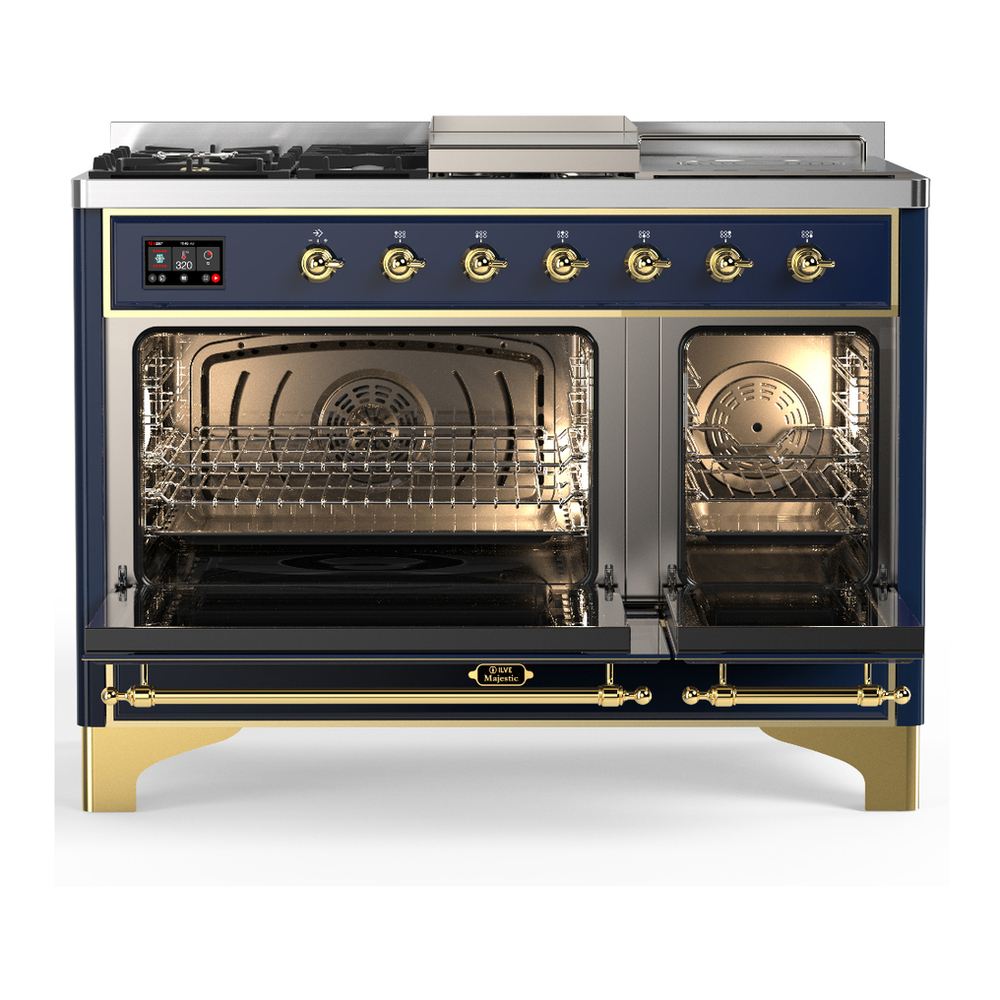 ILVE UM48FSNR3MBGLP Majestic III 48 inch Dual Fuel Range with 5 Black Brass Burners, Griddle and French Top, Dual Function Burner up to 25,000 BTU (Liquid Propane, Triple Glass Door, Midnight Blue, Brass) 2 ILVE-UM48FSNR3MBGLP-Double Oven Open View