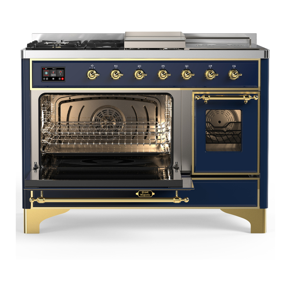 ILVE UM48FSNR3MBGLP Majestic III 48 inch Dual Fuel Range with 5 Black Brass Burners, Griddle and French Top, Dual Function Burner up to 25,000 BTU (Liquid Propane, Triple Glass Door, Midnight Blue, Brass) 3 ILVE-UM48FSNR3MBGLP-Primary Oven Open View