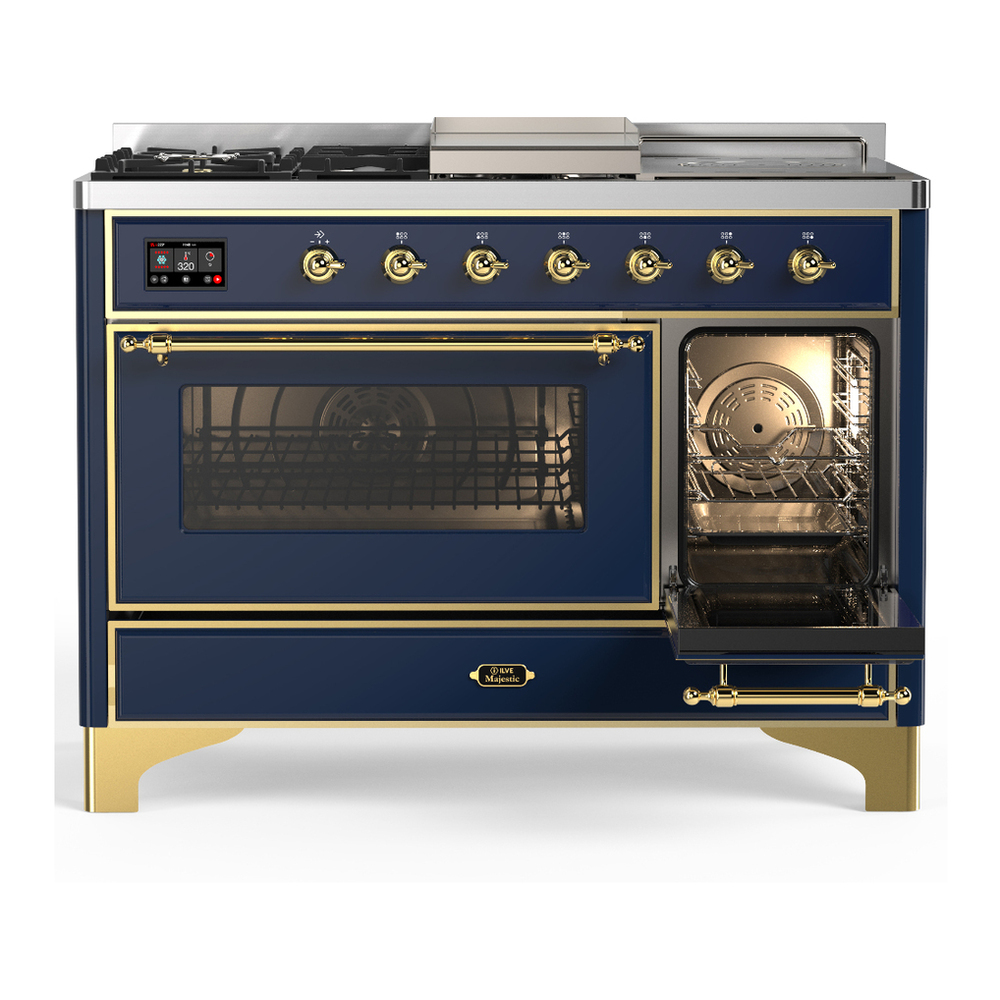 ILVE UM48FSNR3MBGLP Majestic III 48 inch Dual Fuel Range with 5 Black Brass Burners, Griddle and French Top, Dual Function Burner up to 25,000 BTU (Liquid Propane, Triple Glass Door, Midnight Blue, Brass) 4 ILVE-UM48FSNR3MBGLP-Secondary Oven Open View