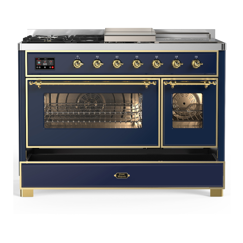 ILVE UM48FSNR3MBGLP Majestic III 48 inch Dual Fuel Range with 5 Black Brass Burners, Griddle and French Top, Dual Function Burner up to 25,000 BTU (Liquid Propane, Triple Glass Door, Midnight Blue, Brass) 5 ILVE-UM48FSNR3MBGLP-Drawer Open View