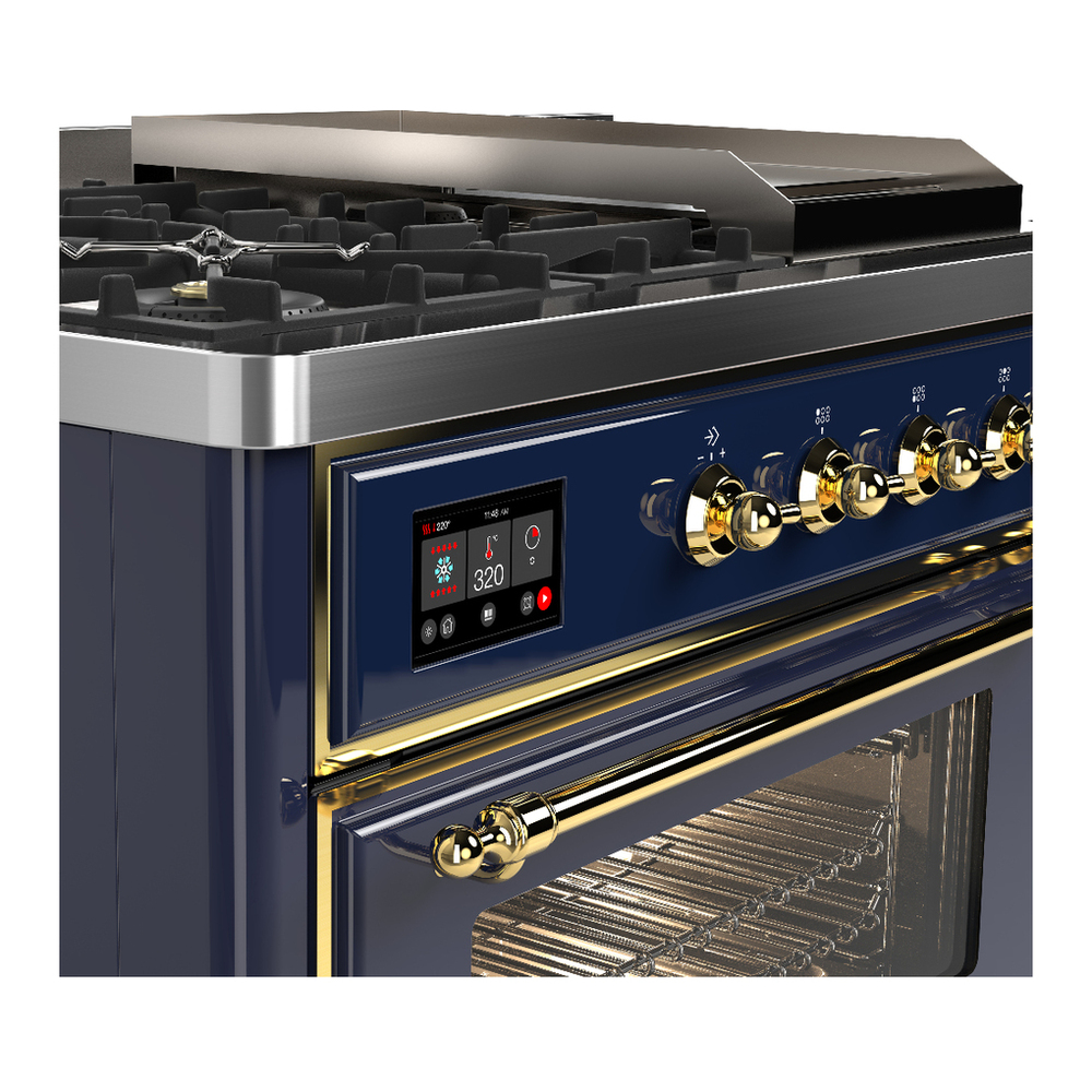 ILVE UM48FSNR3MBGLP Majestic III 48 inch Dual Fuel Range with 5 Black Brass Burners, Griddle and French Top, Dual Function Burner up to 25,000 BTU (Liquid Propane, Triple Glass Door, Midnight Blue, Brass) 7 ILVE-UM48FSNR3MBGLP-Control Knobs View