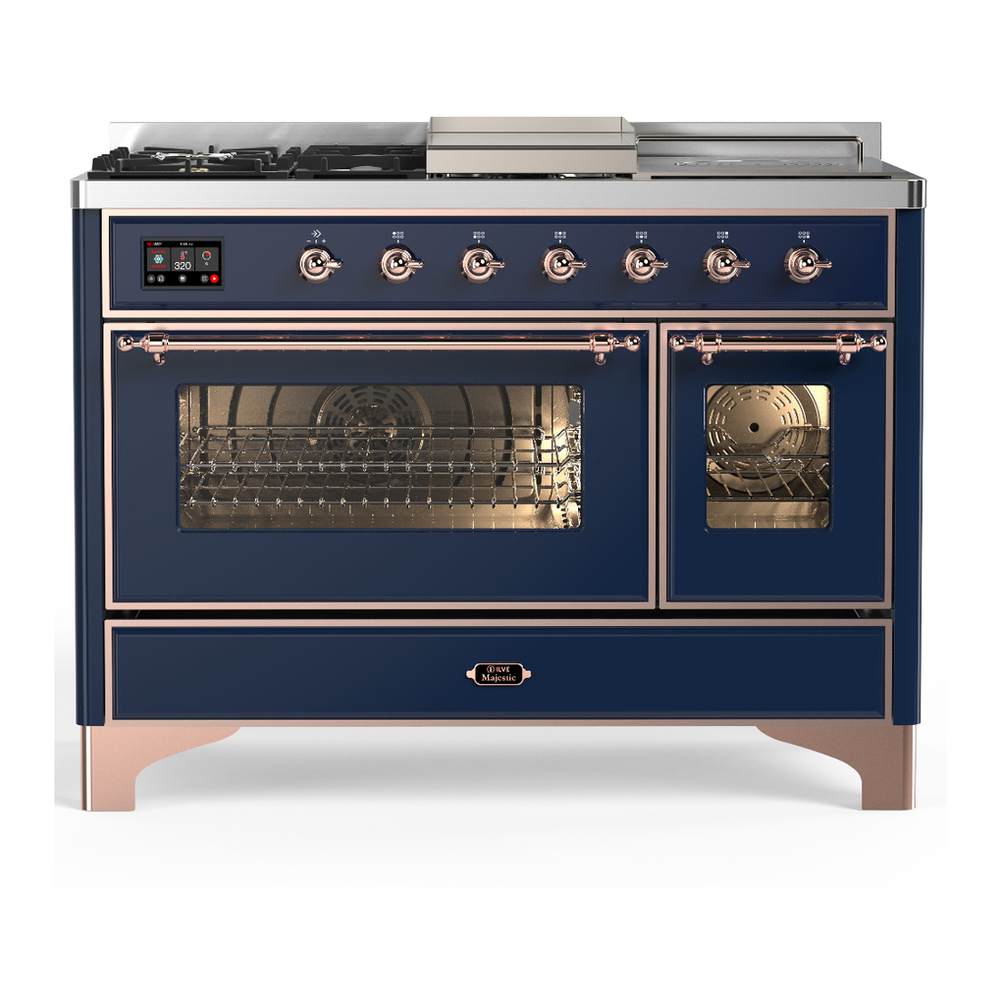 ILVE UM48FSNR3MBPLP Majestic III 48 inch Dual Fuel Range with 5 Black Brass Burners, Griddle and French Top, Dual Function Burner up to 25,000 BTU (Liquid Propane, Triple Glass Door, Midnight Blue, Copper) 1 UM48FSNR3MBPLP