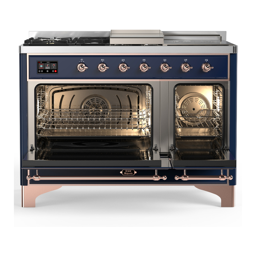 ILVE UM48FSNR3MBPLP Majestic III 48 inch Dual Fuel Range with 5 Black Brass Burners, Griddle and French Top, Dual Function Burner up to 25,000 BTU (Liquid Propane, Triple Glass Door, Midnight Blue, Copper) 2 ILVE-UM48FSNR3MBPLP-Double Oven Open View