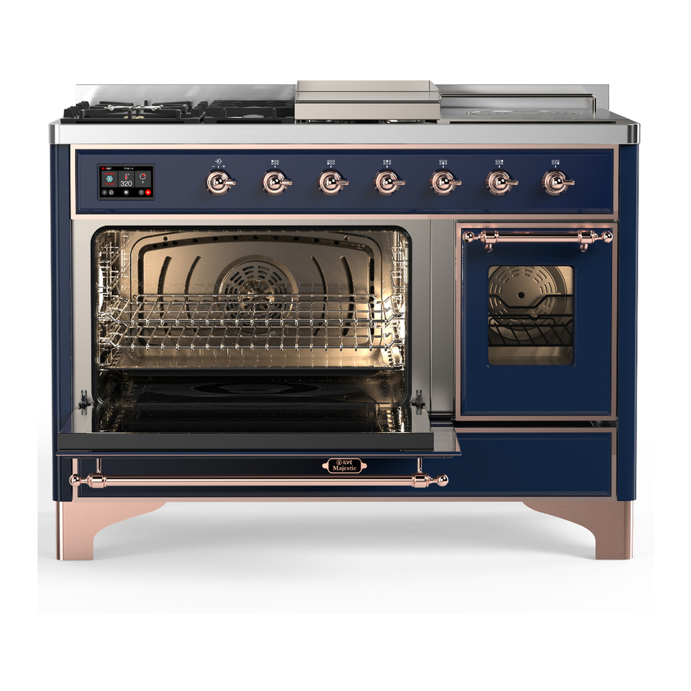 ILVE UM48FSNR3MBPLP Majestic III 48 inch Dual Fuel Range with 5 Black Brass Burners, Griddle and French Top, Dual Function Burner up to 25,000 BTU (Liquid Propane, Triple Glass Door, Midnight Blue, Copper) 3 ILVE-UM48FSNR3MBPLP-Primary Oven Open View