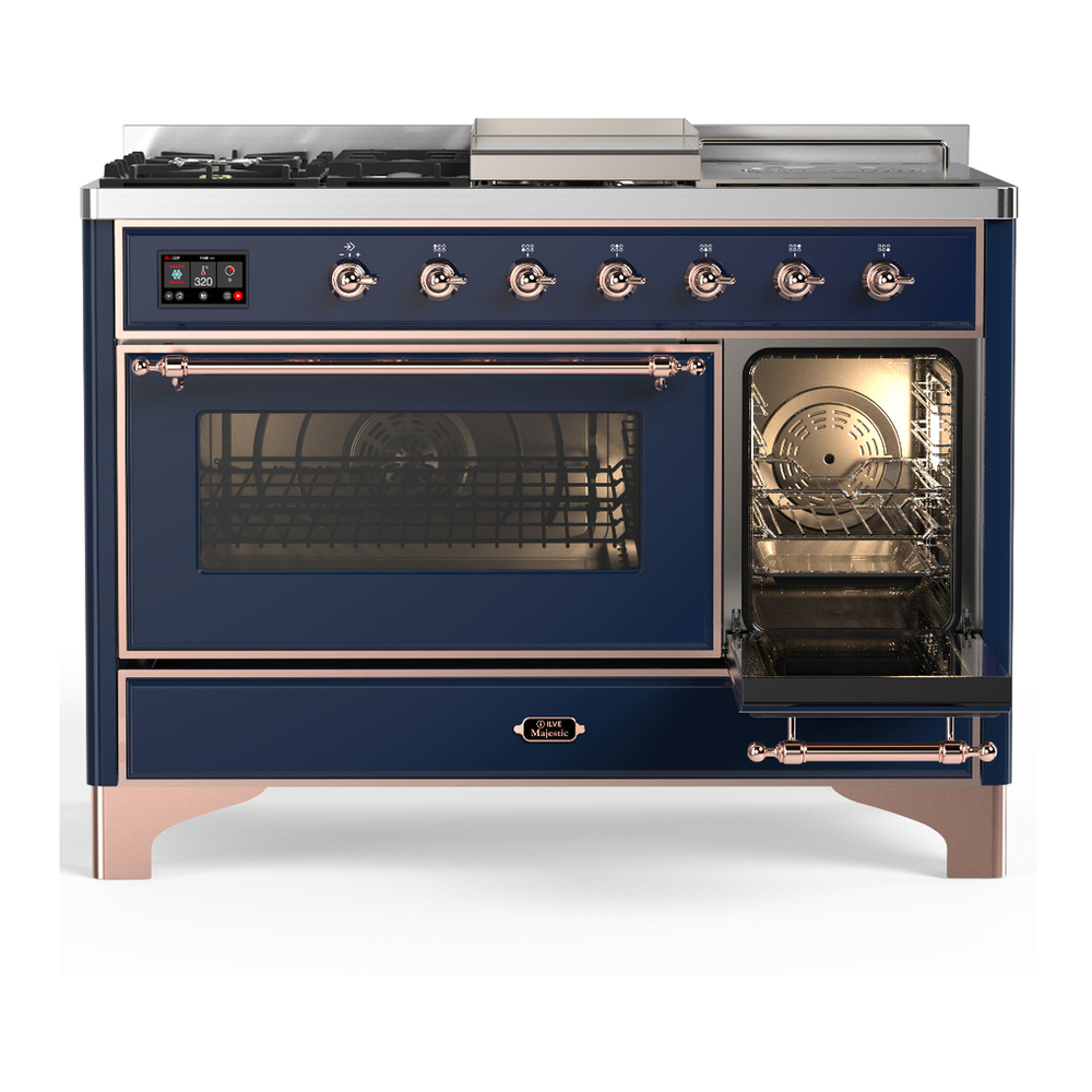 ILVE UM48FSNR3MBPLP Majestic III 48 inch Dual Fuel Range with 5 Black Brass Burners, Griddle and French Top, Dual Function Burner up to 25,000 BTU (Liquid Propane, Triple Glass Door, Midnight Blue, Copper) 4 ILVE-UM48FSNR3MBPLP-Secondary Oven Open View