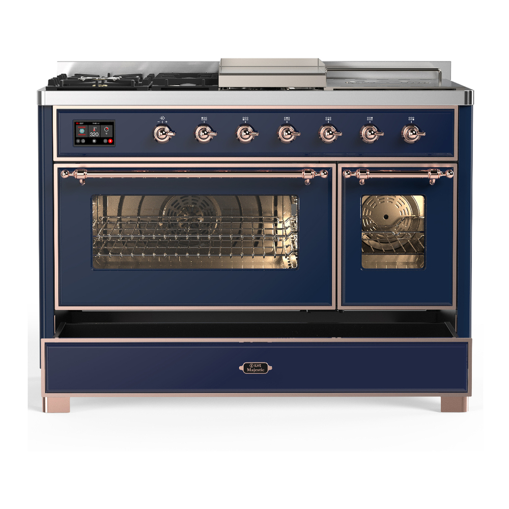 ILVE UM48FSNR3MBPLP Majestic III 48 inch Dual Fuel Range with 5 Black Brass Burners, Griddle and French Top, Dual Function Burner up to 25,000 BTU (Liquid Propane, Triple Glass Door, Midnight Blue, Copper) 5 ILVE-UM48FSNR3MBPLP-Drawer Open View