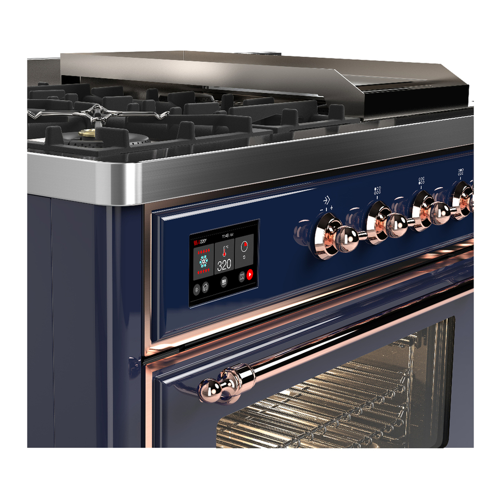 ILVE UM48FSNR3MBPLP Majestic III 48 inch Dual Fuel Range with 5 Black Brass Burners, Griddle and French Top, Dual Function Burner up to 25,000 BTU (Liquid Propane, Triple Glass Door, Midnight Blue, Copper) 7 ILVE-UM48FSNR3MBPLP-Control Knobs View