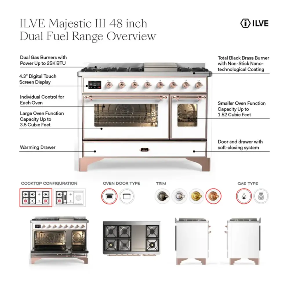 ILVE UM48FS Majestic III 48 inch Dual Fuel Range with 5 Black Brass Burners, Griddle and French Top, Dual Function Burner up to 25,000 BTU