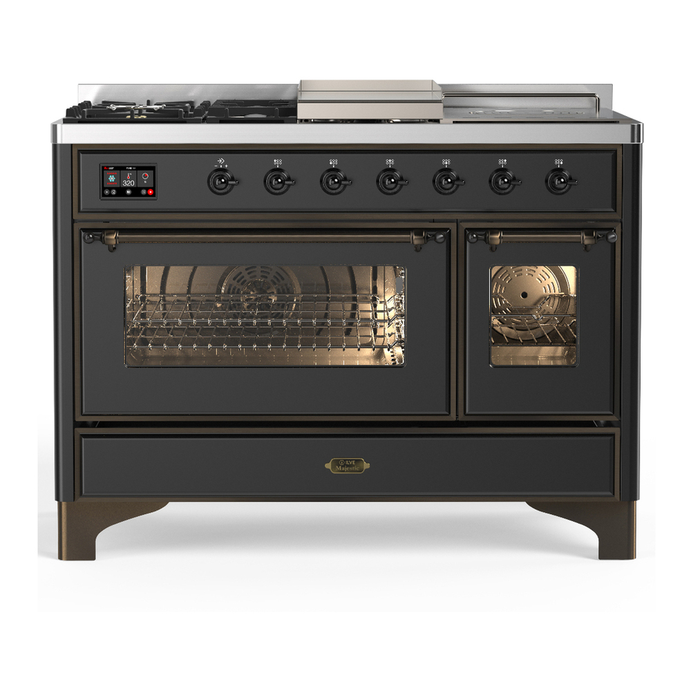 ILVE UM48FSNR3MGBLP Majestic III 48 inch Dual Fuel Range with 5 Black Brass Burners, Griddle and French Top, Dual Function Burner up to 25,000 BTU (Liquid Propane, Triple Glass Door, Graphite Matte, Burnished) 1 UM48FSNR3MGBLP
