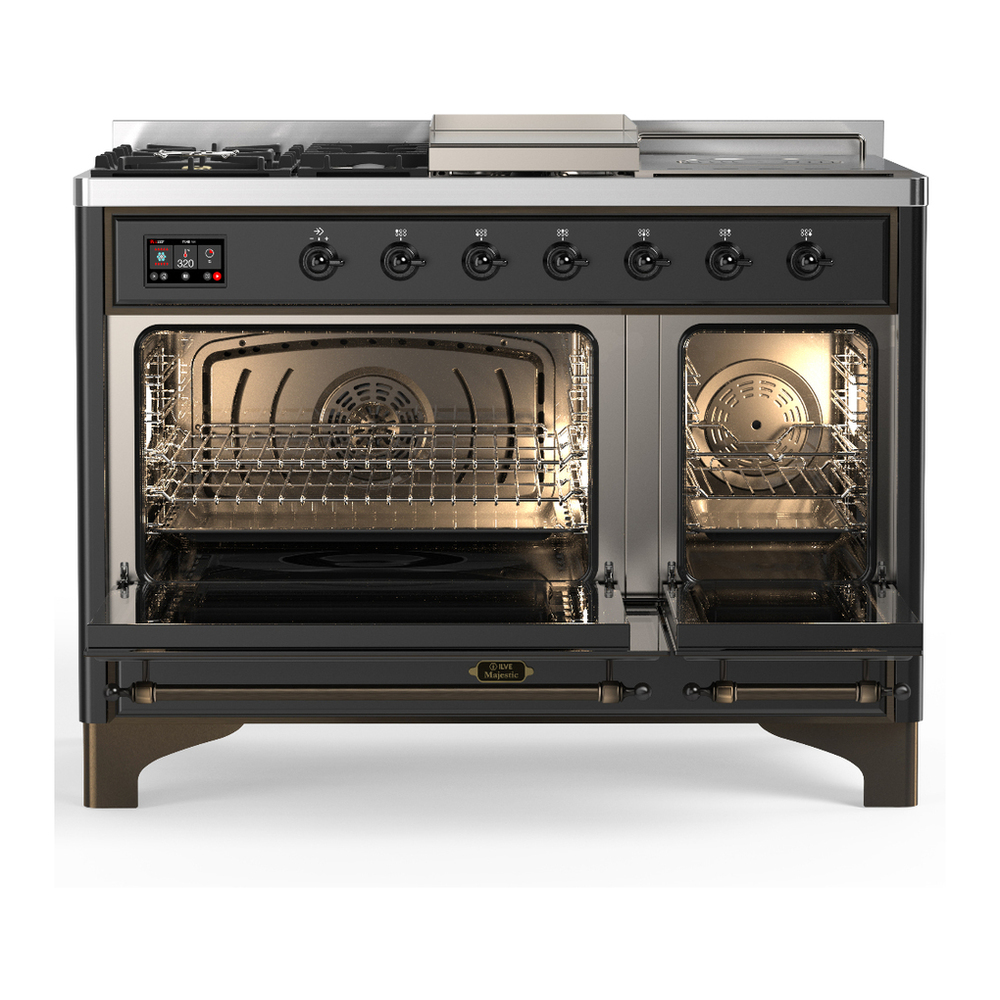 ILVE UM48FSNR3MGBLP Majestic III 48 inch Dual Fuel Range with 5 Black Brass Burners, Griddle and French Top, Dual Function Burner up to 25,000 BTU (Liquid Propane, Triple Glass Door, Graphite Matte, Burnished) 2 ILVE-UM48FSNR3MGBLP-Double Oven Open View
