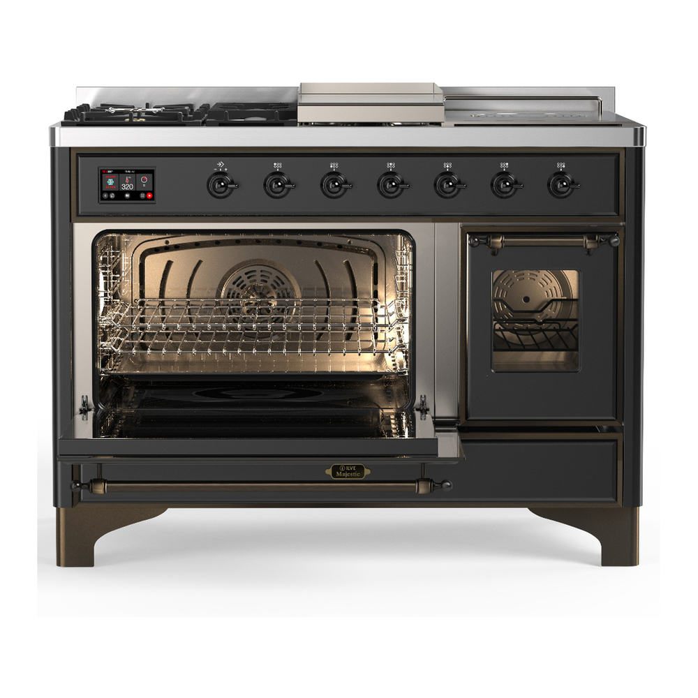 ILVE UM48FSNR3MGBLP Majestic III 48 inch Dual Fuel Range with 5 Black Brass Burners, Griddle and French Top, Dual Function Burner up to 25,000 BTU (Liquid Propane, Triple Glass Door, Graphite Matte, Burnished) 3 ILVE-UM48FSNR3MGBLP-Primary Oven Open View