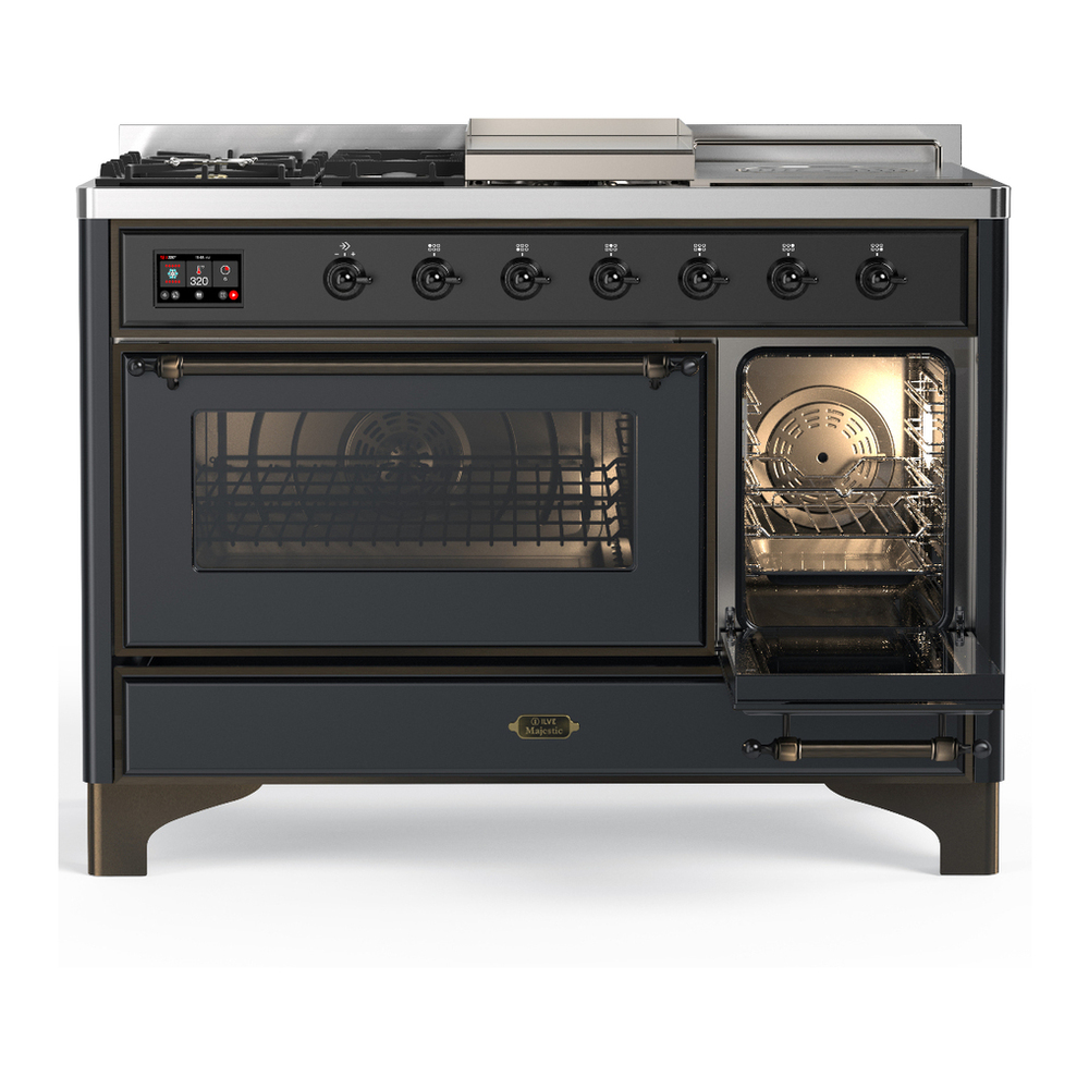 ILVE UM48FSNR3MGBLP Majestic III 48 inch Dual Fuel Range with 5 Black Brass Burners, Griddle and French Top, Dual Function Burner up to 25,000 BTU (Liquid Propane, Triple Glass Door, Graphite Matte, Burnished) 4 ILVE-UM48FSNR3MGBLP-Secondary Oven Open View