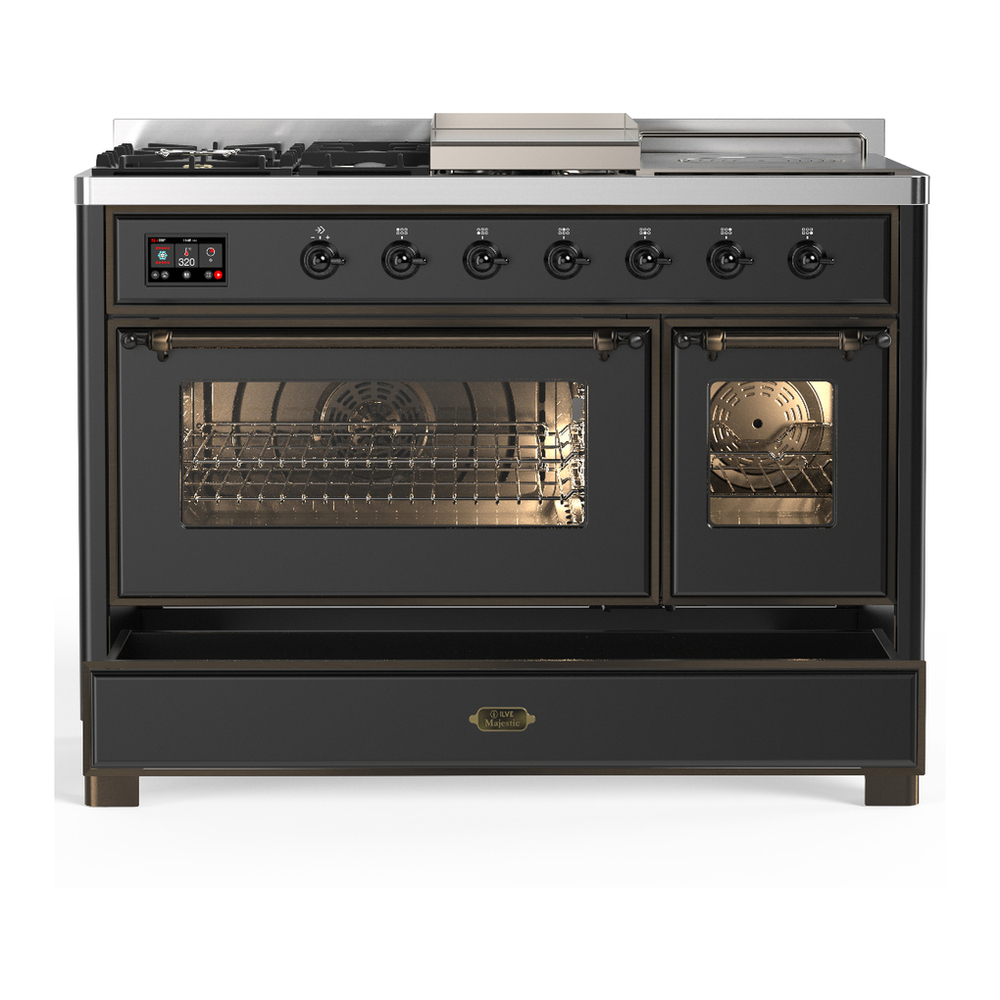 ILVE UM48FSNR3MGBLP Majestic III 48 inch Dual Fuel Range with 5 Black Brass Burners, Griddle and French Top, Dual Function Burner up to 25,000 BTU (Liquid Propane, Triple Glass Door, Graphite Matte, Burnished) 5 ILVE-UM48FSNR3MGBLP-Drawer Open View