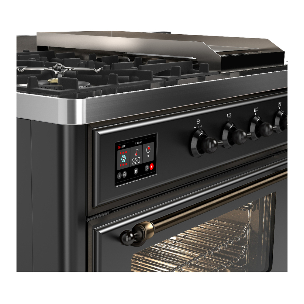 ILVE UM48FSNR3MGBLP Majestic III 48 inch Dual Fuel Range with 5 Black Brass Burners, Griddle and French Top, Dual Function Burner up to 25,000 BTU (Liquid Propane, Triple Glass Door, Graphite Matte, Burnished) 7 ILVE-UM48FSNR3MGBLP-Control Knobs View