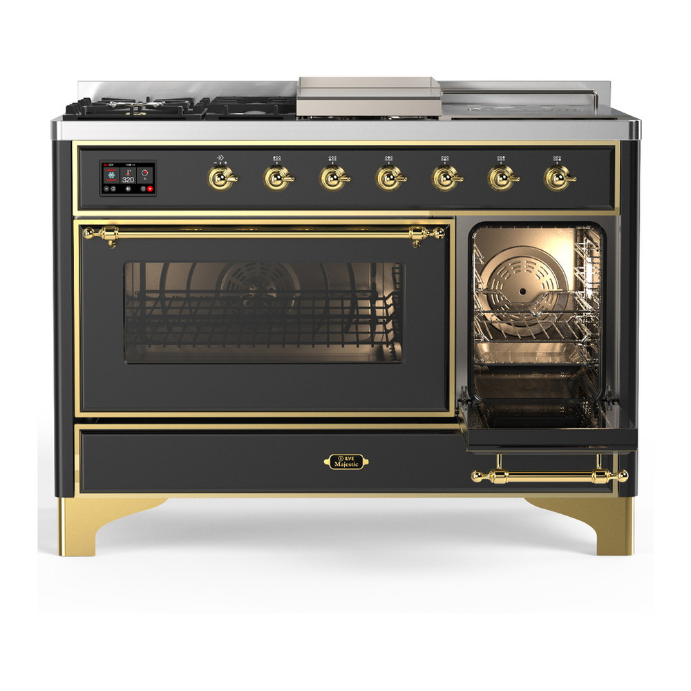 ILVE UM48FSNR3MGGLP Majestic III 48 inch Dual Fuel Range with 5 Black Brass Burners, Griddle and French Top, Dual Function Burner up to 25,000 BTU (Liquid Propane, Triple Glass Door, Graphite Matte, Brass) 4 ILVE-UM48FSNR3MGGLP-Secondary Oven Open View
