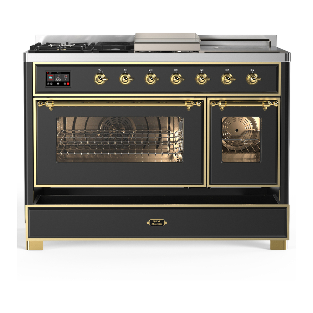 ILVE UM48FSNR3MGGLP Majestic III 48 inch Dual Fuel Range with 5 Black Brass Burners, Griddle and French Top, Dual Function Burner up to 25,000 BTU (Liquid Propane, Triple Glass Door, Graphite Matte, Brass) 5 ILVE-UM48FSNR3MGGLP-Drawer Open View