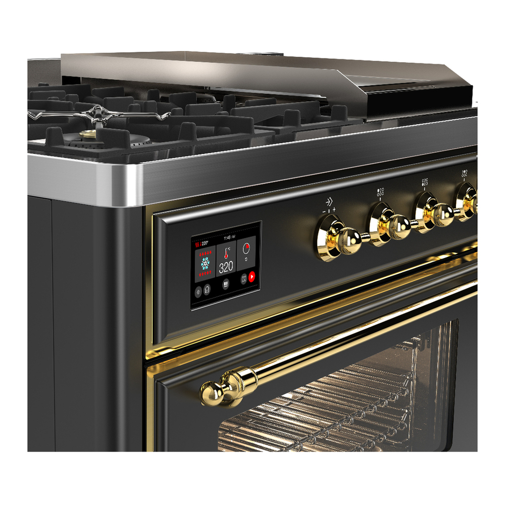 ILVE UM48FSNR3MGGLP Majestic III 48 inch Dual Fuel Range with 5 Black Brass Burners, Griddle and French Top, Dual Function Burner up to 25,000 BTU (Liquid Propane, Triple Glass Door, Graphite Matte, Brass) 7 ILVE-UM48FSNR3MGGLP-Control Knobs View