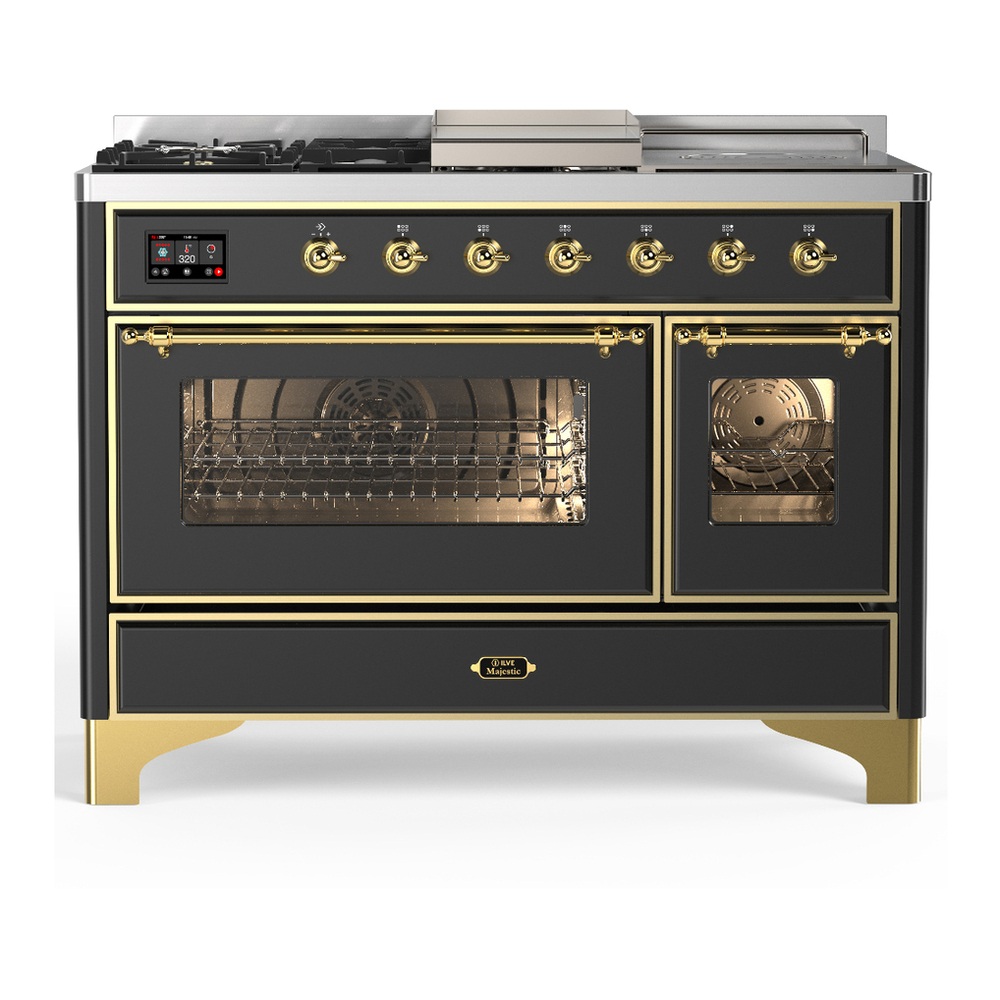 ILVE UM48FSNR3MGG Majestic III 48 inch Dual Fuel Range with 5 Black Brass Burners, Griddle and French Top, Dual Function Burner up to 25,000 BTU (Natural Gas, Triple Glass Door, Graphite Matte, Brass) 1 UM48FSNR3MGG