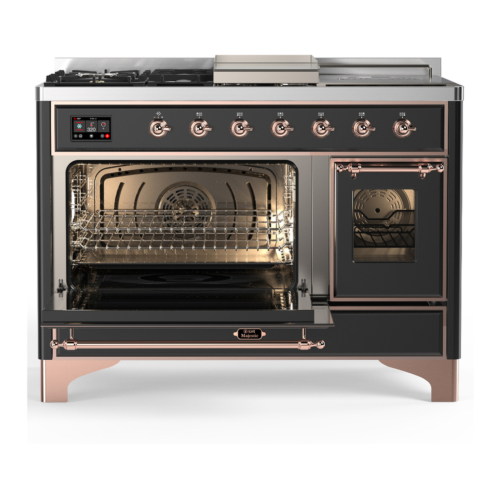 ILVE UM48FSNR3MGPLP Majestic III 48 inch Dual Fuel Range with 5 Black Brass Burners, Griddle and French Top, Dual Function Burner up to 25,000 BTU (Liquid Propane, Triple Glass Door, Graphite Matte, Copper) 3 ILVE-UM48FSNR3MGPLP-Primary Oven Open View