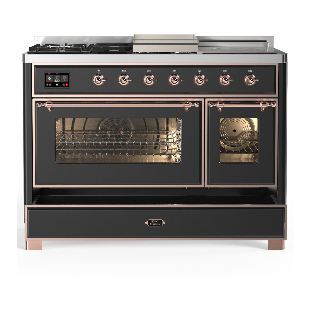 ILVE UM48FSNR3MGPLP Majestic III 48 inch Dual Fuel Range with 5 Black Brass Burners, Griddle and French Top, Dual Function Burner up to 25,000 BTU (Liquid Propane, Triple Glass Door, Graphite Matte, Copper) 5 ILVE-UM48FSNR3MGPLP-Drawer Open View