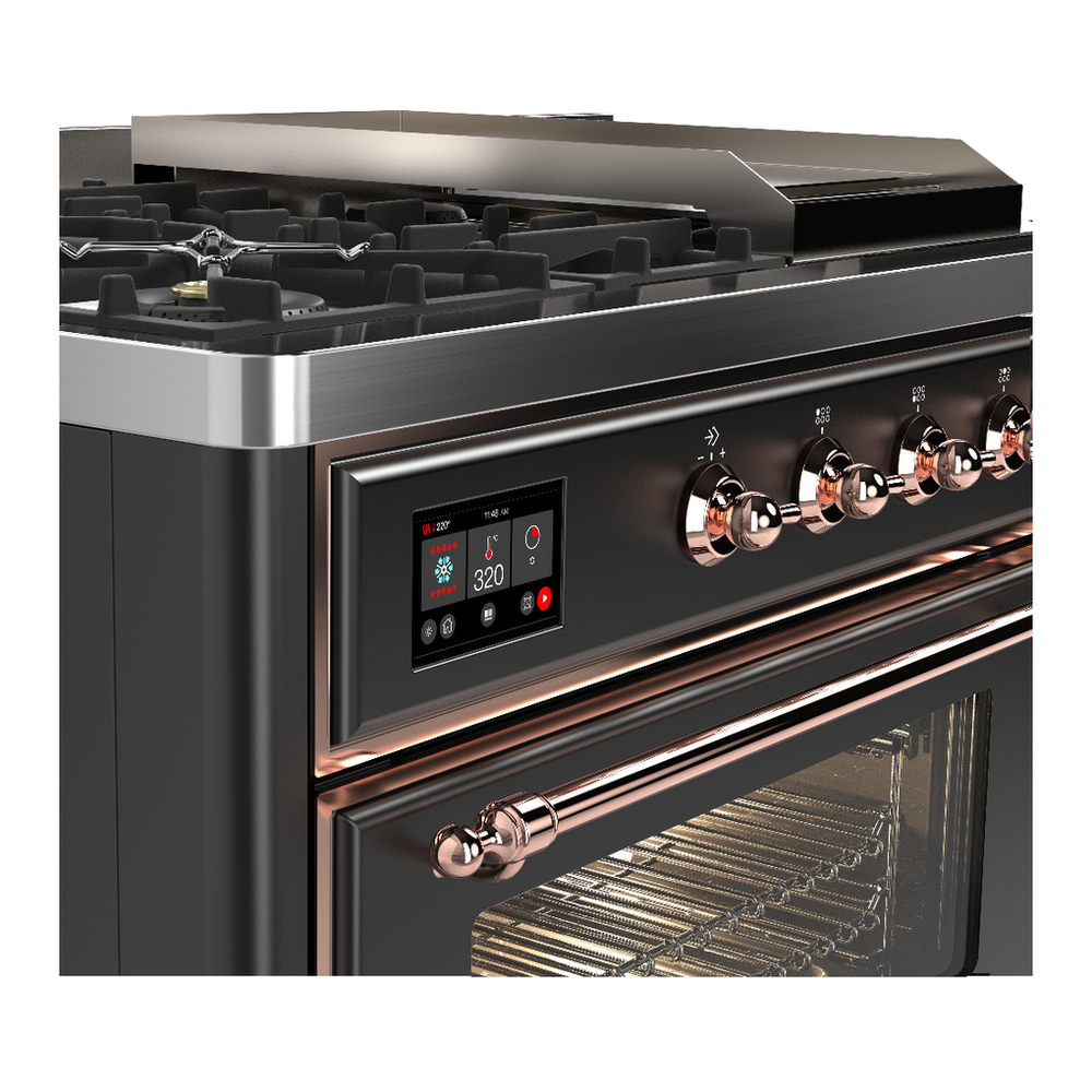 ILVE UM48FSNR3MGPLP Majestic III 48 inch Dual Fuel Range with 5 Black Brass Burners, Griddle and French Top, Dual Function Burner up to 25,000 BTU (Liquid Propane, Triple Glass Door, Graphite Matte, Copper) 7 ILVE-UM48FSNR3MGPLP-Control Knobs View