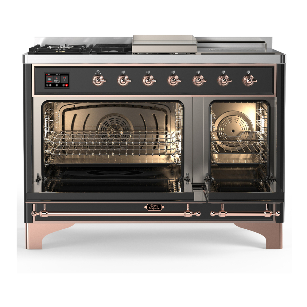 ILVE UM48FSNR3MGP Majestic III 48 inch Dual Fuel Range with 5 Black Brass Burners, Griddle and French Top, Dual Function Burner up to 25,000 BTU (Natural Gas, Triple Glass Door, Graphite Matte, Copper) 2 ILVE-UM48FSNR3MGP-Double Oven Open View