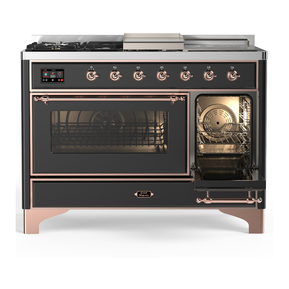 ILVE UM48FSNR3MGP Majestic III 48 inch Dual Fuel Range with 5 Black Brass Burners, Griddle and French Top, Dual Function Burner up to 25,000 BTU (Natural Gas, Triple Glass Door, Graphite Matte, Copper) 4 ILVE-UM48FSNR3MGP-Secondary Oven Open View