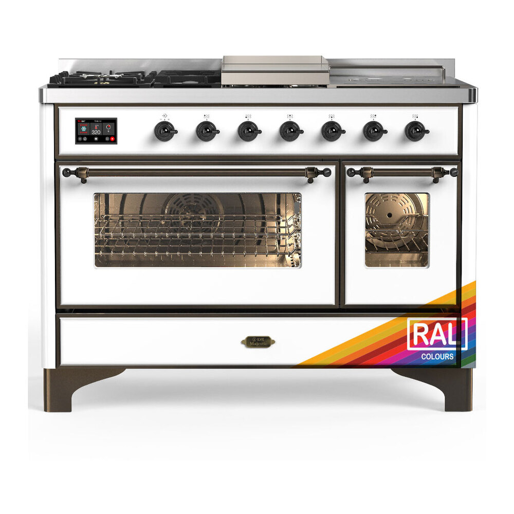 ILVE UM48FSNR3RABLP Majestic III 48 inch Dual Fuel Range with 5 Black Brass Burners, Griddle and French Top, Dual Function Burner up to 25,000 BTU (Liquid Propane, Triple Glass Door, RAL, Burnished) 1 UM48FSNR3RABLP