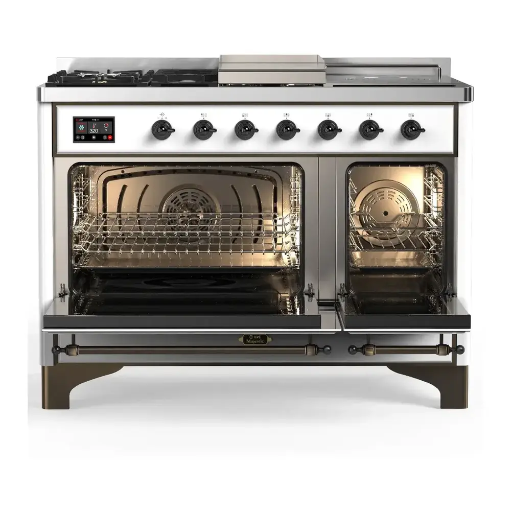 ILVE UM48FSNR3RABLP Majestic III 48 inch Dual Fuel Range with 5 Black Brass Burners, Griddle and French Top, Dual Function Burner up to 25,000 BTU (Liquid Propane, Triple Glass Door, RAL, Burnished) 5 ILVE UM48FSNR3RABLP doors opened