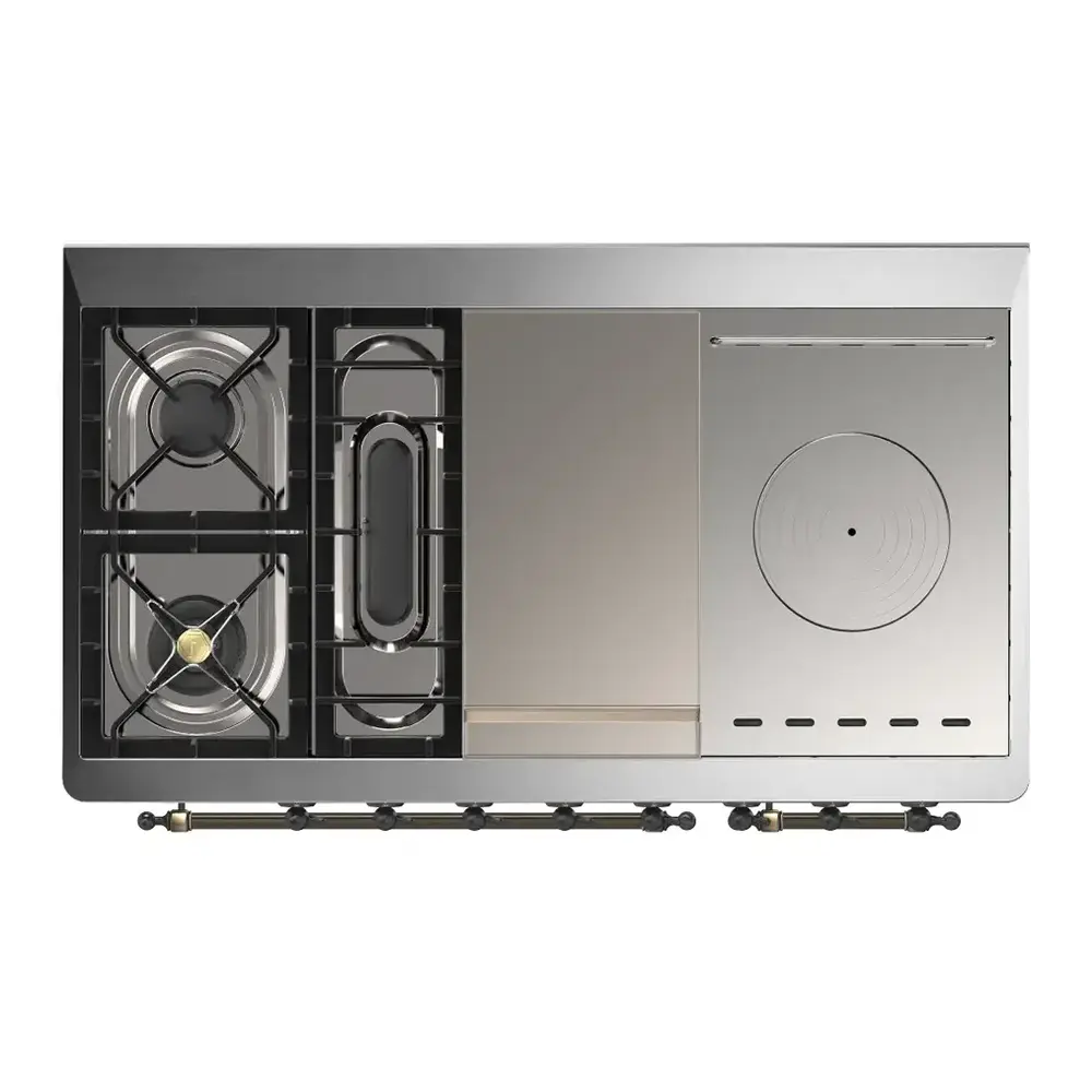 ILVE UM48FSNR3RABLP Majestic III 48 inch Dual Fuel Range with 5 Black Brass Burners, Griddle and French Top, Dual Function Burner up to 25,000 BTU (Liquid Propane, Triple Glass Door, RAL, Burnished) 6 ILVE UM48FSNR3RABLP cooktop