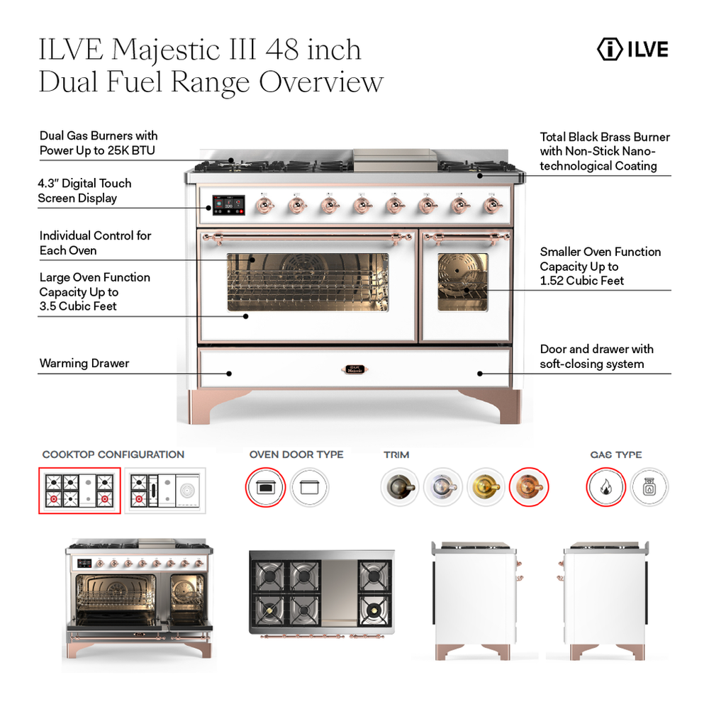 ILVE UM48FSNR3RACLP Majestic III 48 inch Dual Fuel Range with 5 Black Brass Burners, Griddle and French Top, Dual Function Burner up to 25,000 BTU (Liquid Propane, Triple Glass Door, RAL, Chrome) 2 ILVE UM48FS Majestic III 48 inch Dual Fuel Range with 5 Black Brass Burners, Griddle and French Top, Dual Function Burner up to 25,000 BTU