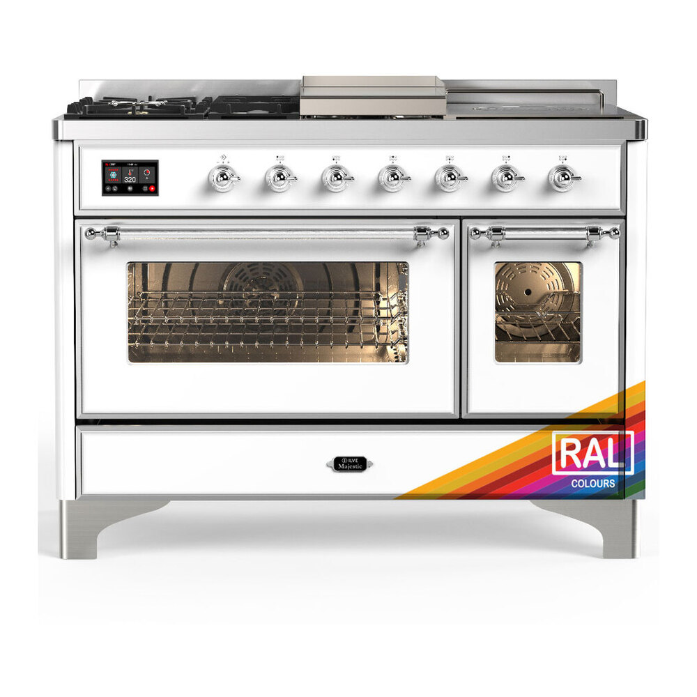 ILVE UM48FSNR3RAC Majestic III 48 inch Dual Fuel Range with 5 Black Brass Burners, Griddle and French Top, Dual Function Burner up to 25,000 BTU (Natural Gas, Triple Glass Door, RAL, Chrome) 1 UM48FSNR3RAC