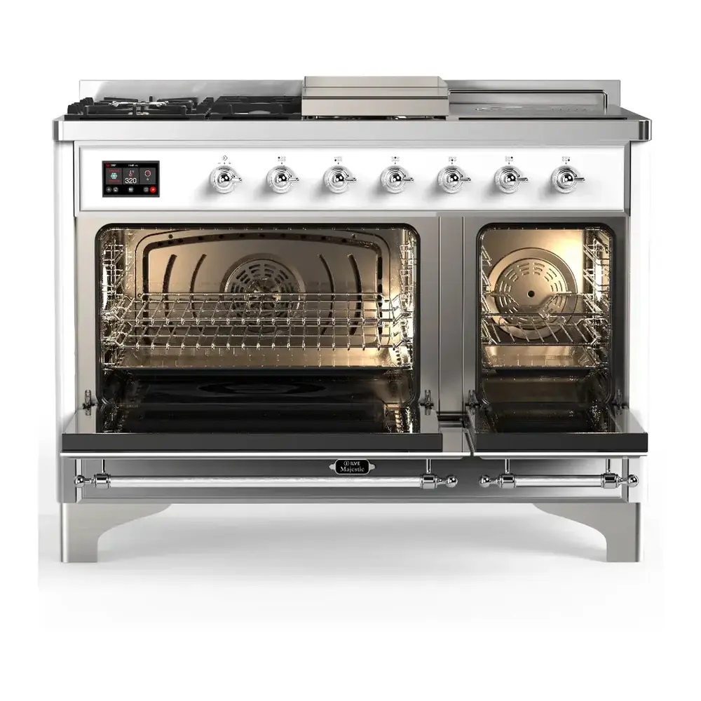 ILVE UM48FSNR3RAC Majestic III 48 inch Dual Fuel Range with 5 Black Brass Burners, Griddle and French Top, Dual Function Burner up to 25,000 BTU (Natural Gas, Triple Glass Door, RAL, Chrome) 5 ILVE UM48FSNR3RAC doors opened