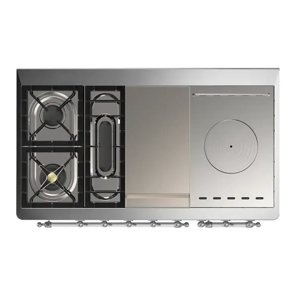 ILVE UM48FSNR3RAC Majestic III 48 inch Dual Fuel Range with 5 Black Brass Burners, Griddle and French Top, Dual Function Burner up to 25,000 BTU (Natural Gas, Triple Glass Door, RAL, Chrome) 6 ILVE UM48FSNR3RAC cooktop