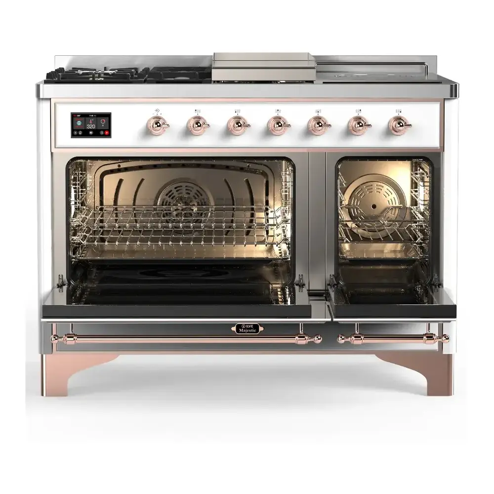 ILVE UM48FSNR3RAPLP Majestic III 48 inch Dual Fuel Range with 5 Black Brass Burners, Griddle and French Top, Dual Function Burner up to 25,000 BTU (Liquid Propane, Triple Glass Door, RAL, Copper) 5 ILVE UM48FSNR3RAP doors opened