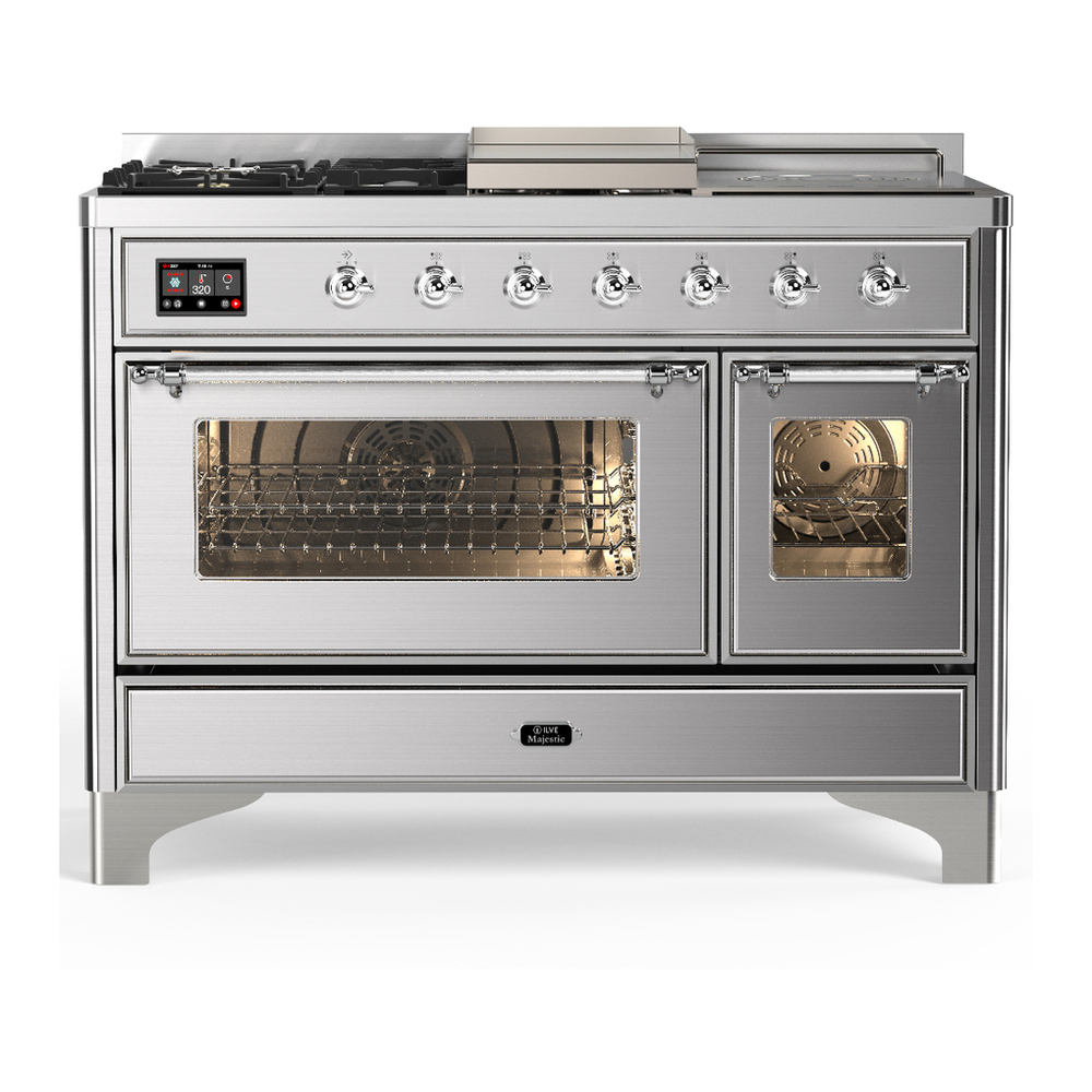 ILVE UM48FSNR3SSCLP Majestic III 48 inch Dual Fuel Range with 5 Black Brass Burners, Griddle and French Top, Dual Function Burner up to 25,000 BTU (Liquid Propane, Triple Glass Door, Stainless Steel, Chrome) 1 UM48FSNR3SSCLP