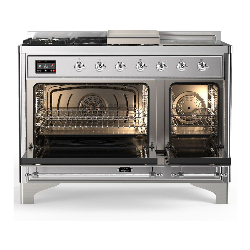 ILVE UM48FSNR3SSCLP Majestic III 48 inch Dual Fuel Range with 5 Black Brass Burners, Griddle and French Top, Dual Function Burner up to 25,000 BTU (Liquid Propane, Triple Glass Door, Stainless Steel, Chrome) 2 ILVE-UM48FSNR3SSCLP-Double Oven Open View