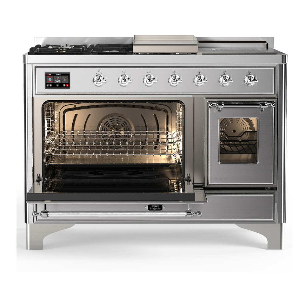 ILVE UM48FSNR3SSCLP Majestic III 48 inch Dual Fuel Range with 5 Black Brass Burners, Griddle and French Top, Dual Function Burner up to 25,000 BTU (Liquid Propane, Triple Glass Door, Stainless Steel, Chrome) 3 ILVE-UM48FSNR3SSCLP-Primary Oven Open View