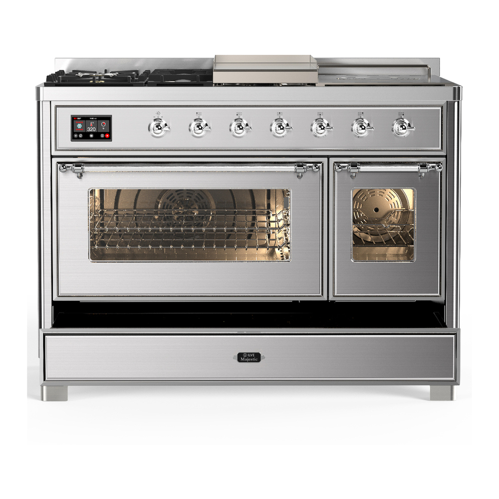 ILVE UM48FSNR3SSCLP Majestic III 48 inch Dual Fuel Range with 5 Black Brass Burners, Griddle and French Top, Dual Function Burner up to 25,000 BTU (Liquid Propane, Triple Glass Door, Stainless Steel, Chrome) 5 ILVE-UM48FSNR3SSCLP-Drawer Open View