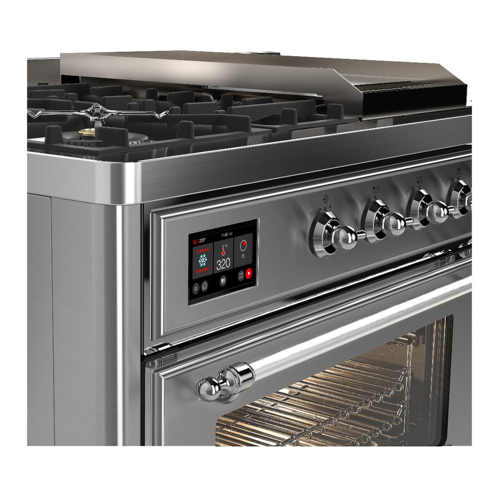 ILVE UM48FSNR3SSCLP Majestic III 48 inch Dual Fuel Range with 5 Black Brass Burners, Griddle and French Top, Dual Function Burner up to 25,000 BTU (Liquid Propane, Triple Glass Door, Stainless Steel, Chrome) 7 ILVE-UM48FSNR3SSCLP-Control Knobs View