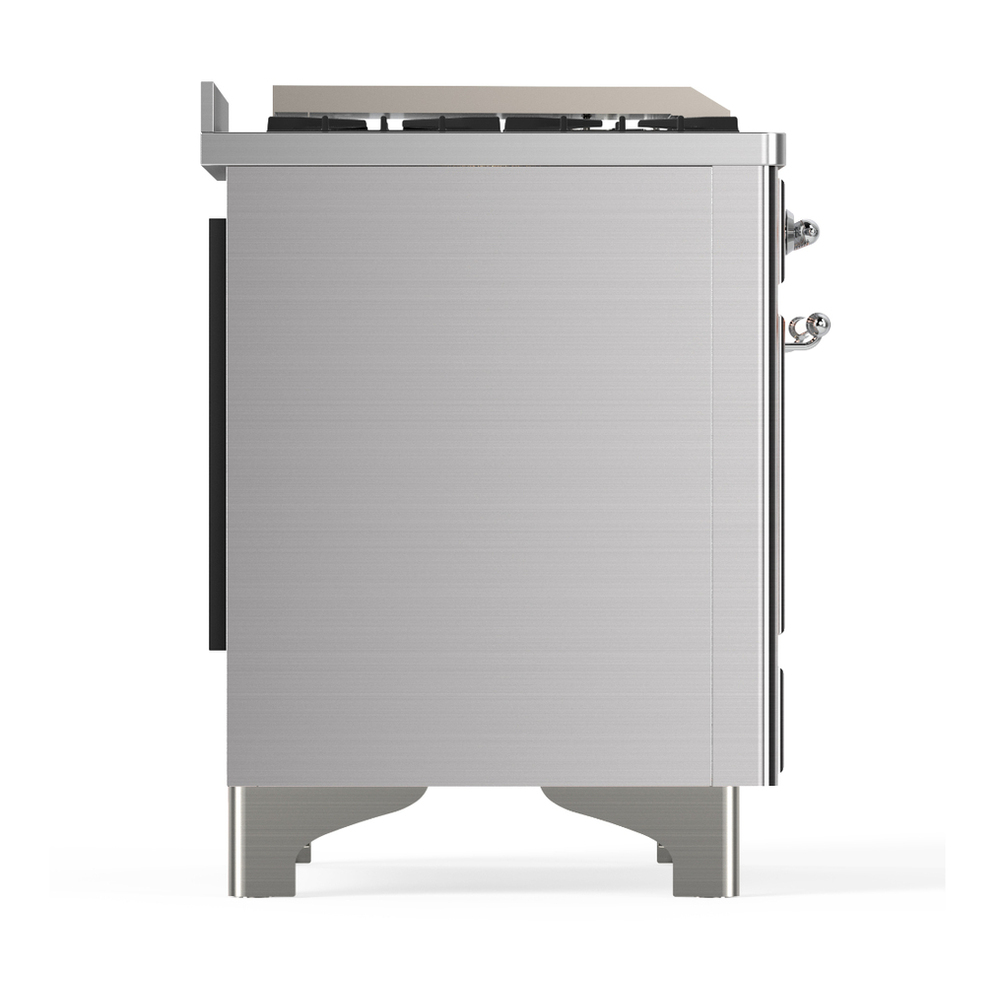 ILVE UM48FSNR3SSCLP Majestic III 48 inch Dual Fuel Range with 5 Black Brass Burners, Griddle and French Top, Dual Function Burner up to 25,000 BTU (Liquid Propane, Triple Glass Door, Stainless Steel, Chrome) 8 ILVE-UM48FSNR3SSCLP-Right Side View