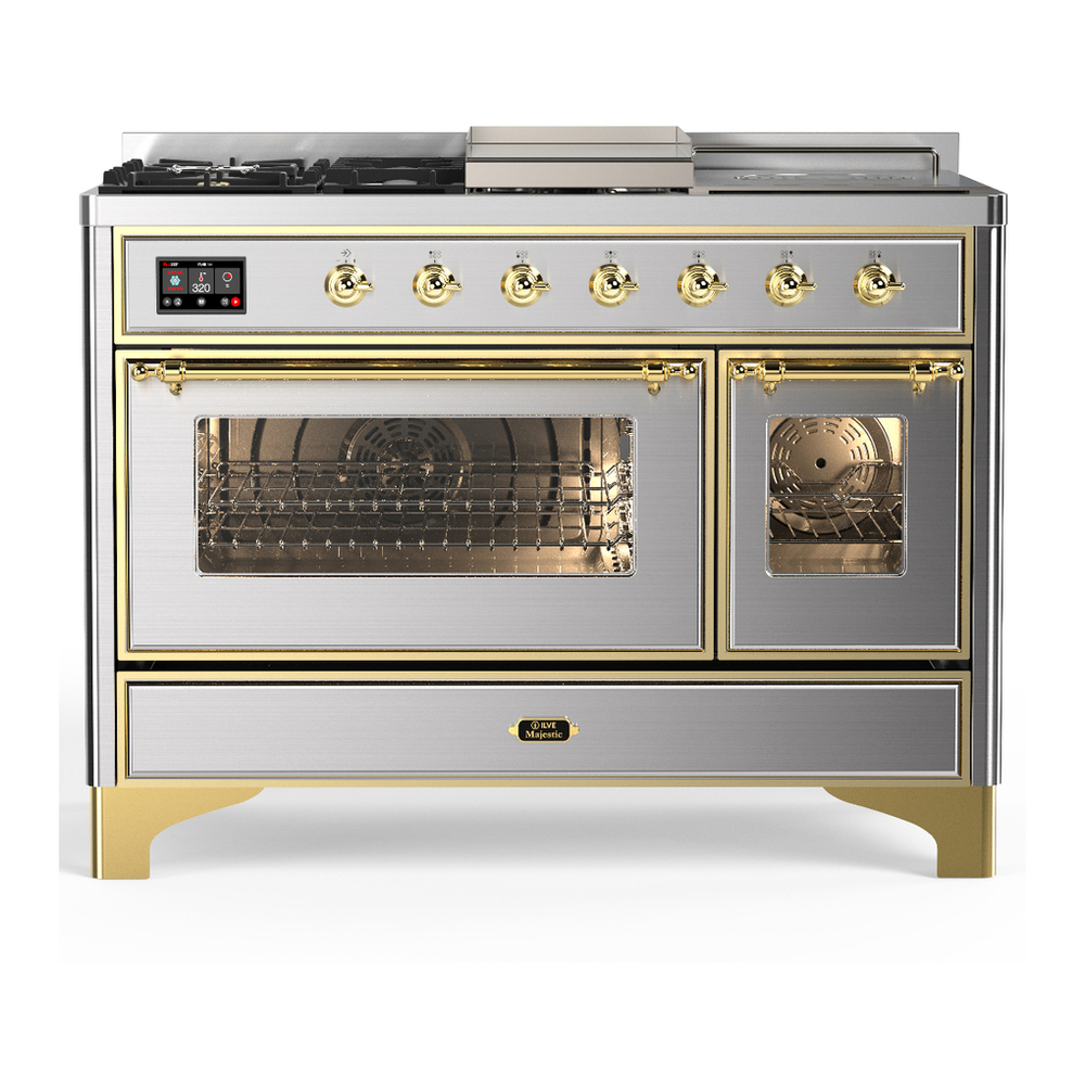 ILVE UM48FSNR3SSGLP Majestic III 48 inch Dual Fuel Range with 5 Black Brass Burners, Griddle and French Top, Dual Function Burner up to 25,000 BTU (Liquid Propane, Triple Glass Door, Stainless Steel, Brass) 1 UM48FSNR3SSGLP