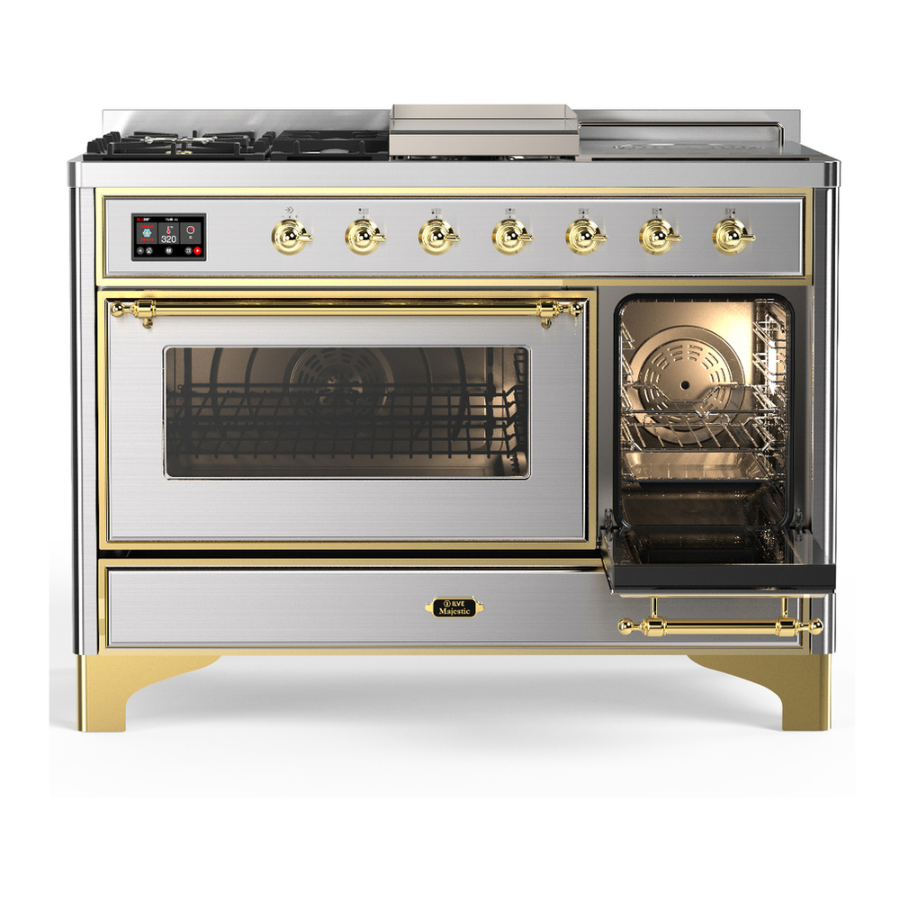 ILVE UM48FSNR3SSGLP Majestic III 48 inch Dual Fuel Range with 5 Black Brass Burners, Griddle and French Top, Dual Function Burner up to 25,000 BTU (Liquid Propane, Triple Glass Door, Stainless Steel, Brass) 4 ILVE-UM48FSNR3SSGLP-Secondary Oven Open View