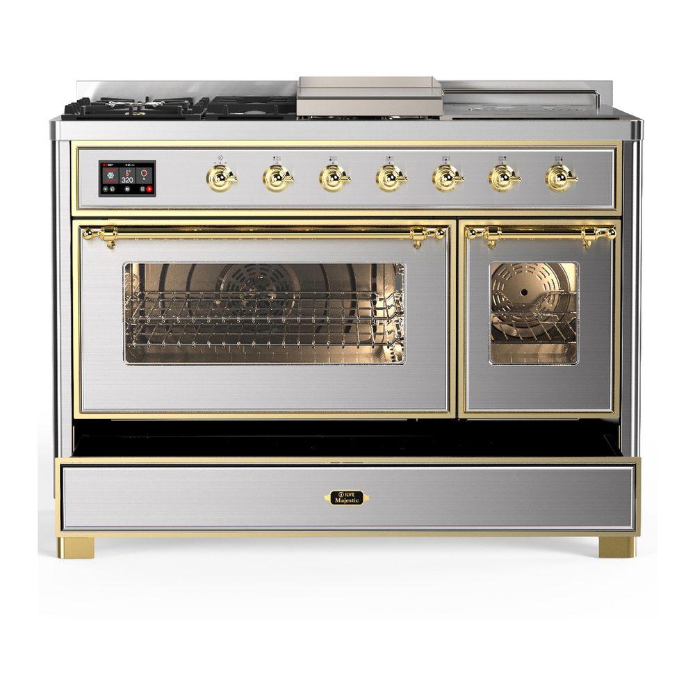 ILVE UM48FSNR3SSGLP Majestic III 48 inch Dual Fuel Range with 5 Black Brass Burners, Griddle and French Top, Dual Function Burner up to 25,000 BTU (Liquid Propane, Triple Glass Door, Stainless Steel, Brass) 5 ILVE-UM48FSNR3SSGLP-Drawer Open View